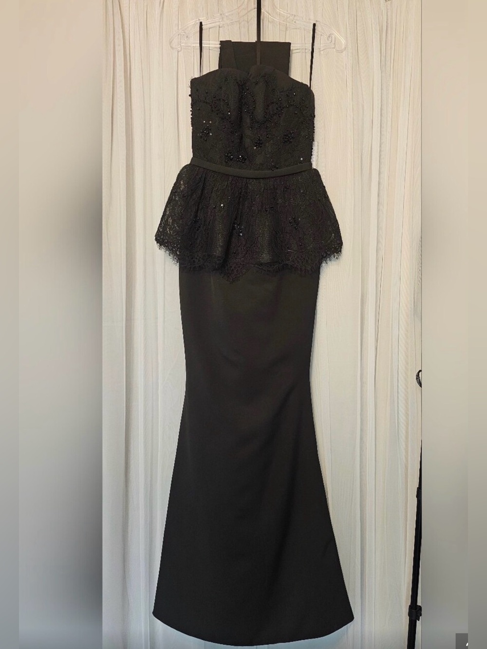 Sherri Hill Black Strapless Lace Peplum Maxi Dress